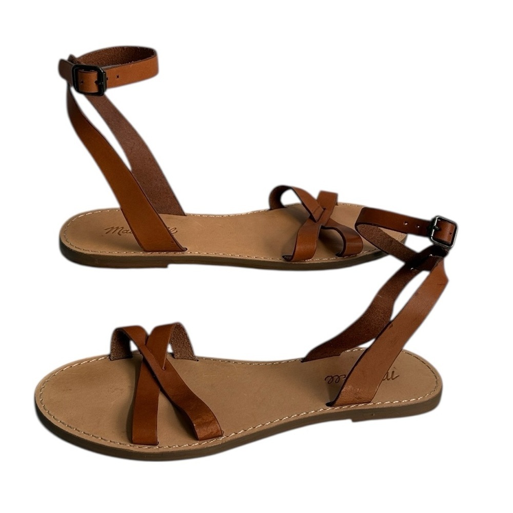 Madewell The Boardwalk Ankle Strappy Flat Brown Leather Sandals Sz 9 EUC